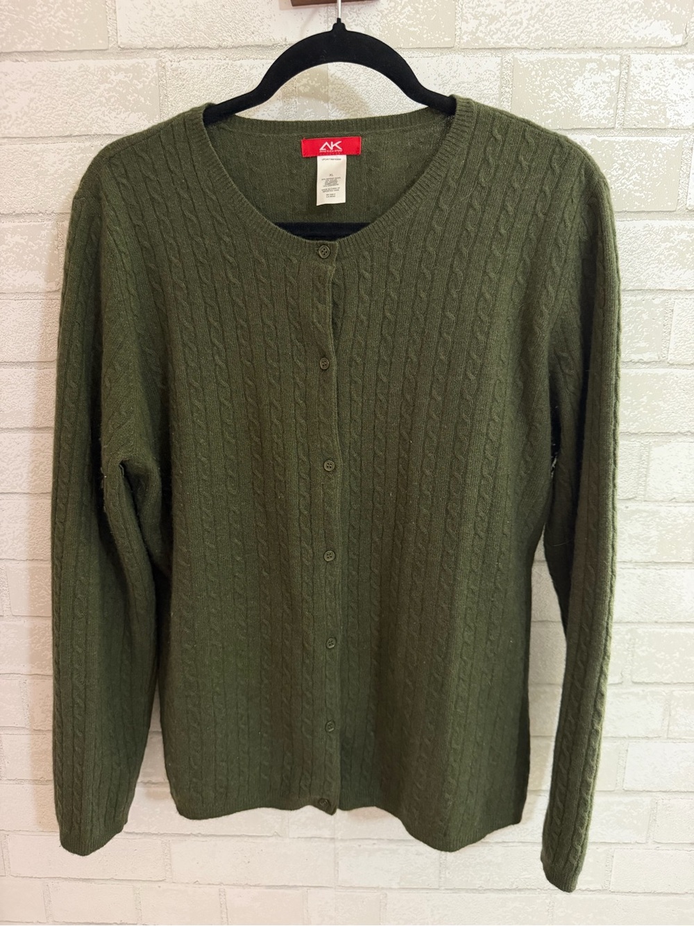 Anne Klein Sport Olive Green Wool Cable-Knit Button Cardigan #3116